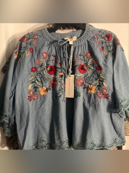 Jennifer & Grace Tops - Light Blue Embroidered Floral Peasant Top NWT